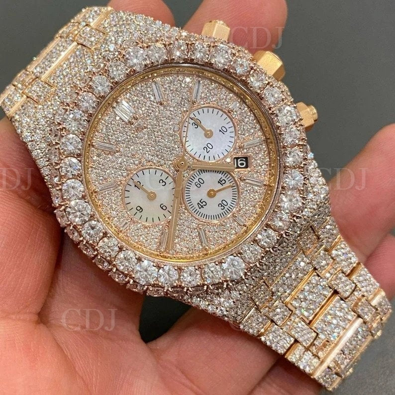 Luxury Customize Iced Out VVS Moissanite Diamond Hip Hop Mechanical Watches Gold Plated Stainless Steel Bust Down Wrist Watches  customdiamjewel   