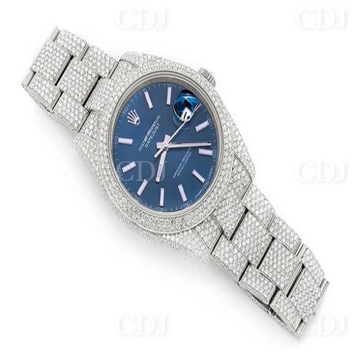 Luxury Custom Bling Hip Hop Iced Out Watches White Gold Plated Blue Dial Quartz VVS Moissanite Diamond Watches Men Wrist Watch  customdiamjewel   