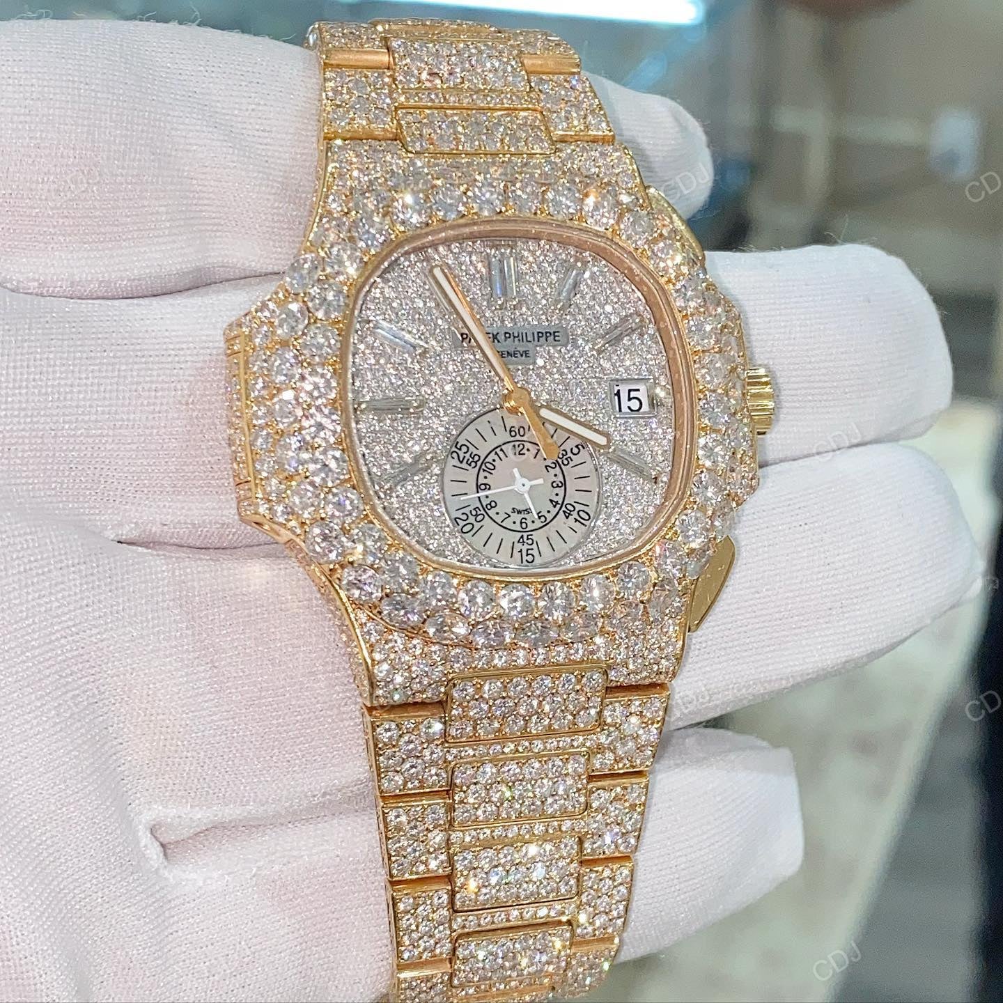 Sparkling Ice Out Chronograph Set Lab Diamond Studded Watch hip hop jewelry customdiamjewel   