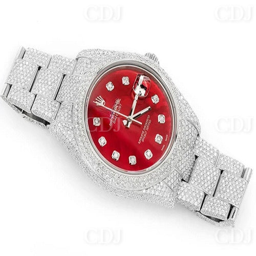 VVS Moissanite Diamond Hip Hop Watch Rolex Red Dial Stainless Steel Watch 18.31CTW (Approx)  customdiamjewel   