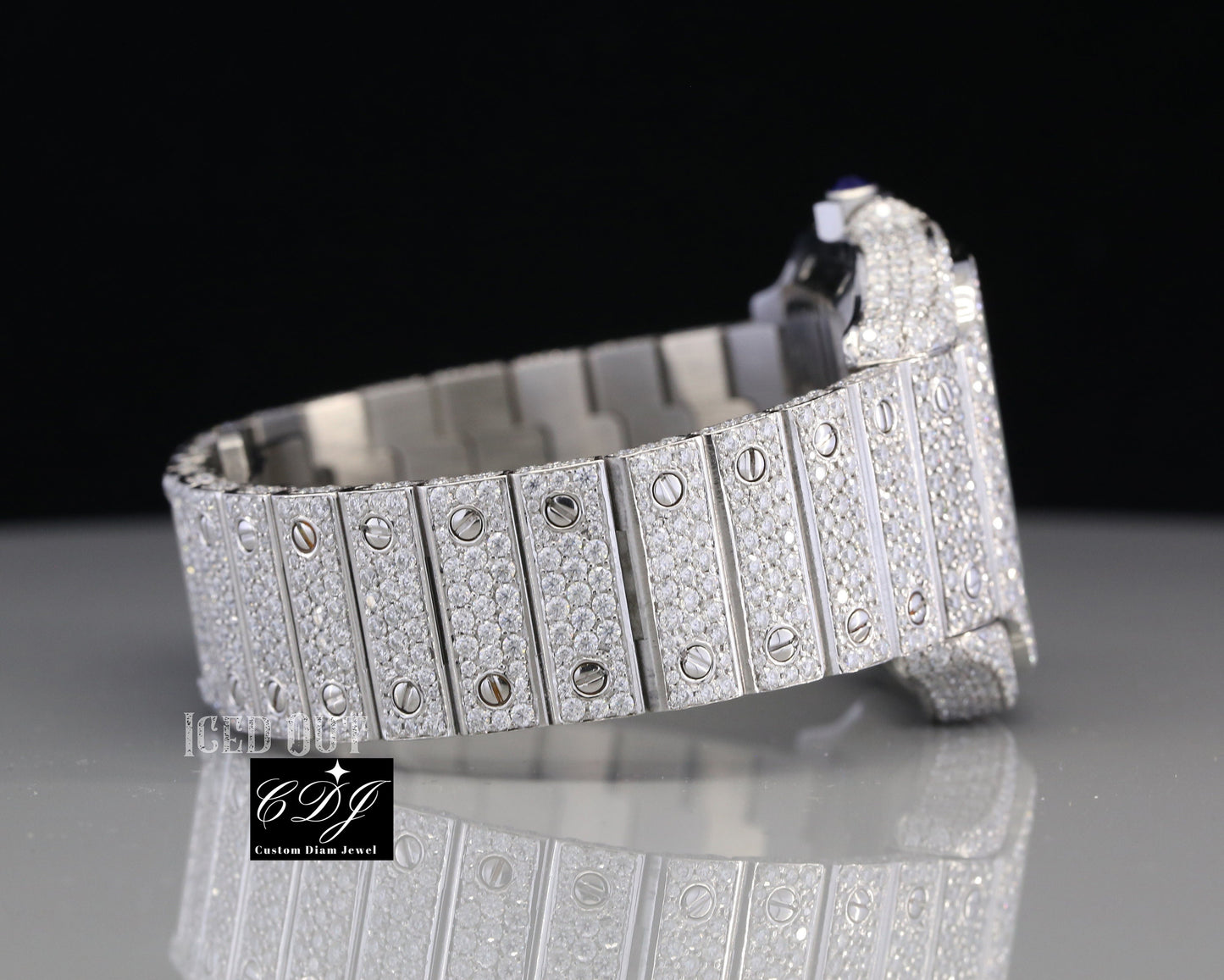 Fully Diamond Iced Out Cartier Watches Colorless Moissanite White Gold Plated Watches Luxury Timeless Piece  customdiamjewel   