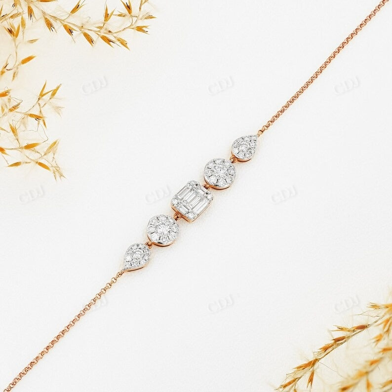 0.97CTW Natural Dimaond Baguette Center Round Cluster Chain Bracelet  customdiamjewel   