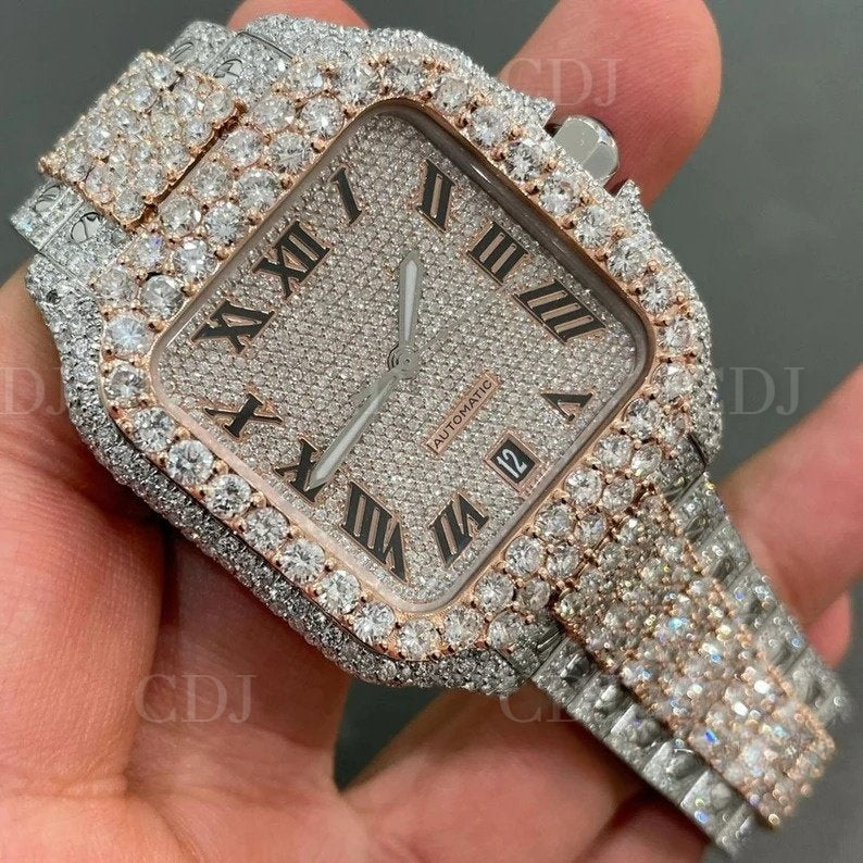 Cartier Two Tone Rose Gold Iced Out Automatic Watch Roman Dial Hip Hop Luxury Watch  customdiamjewel   