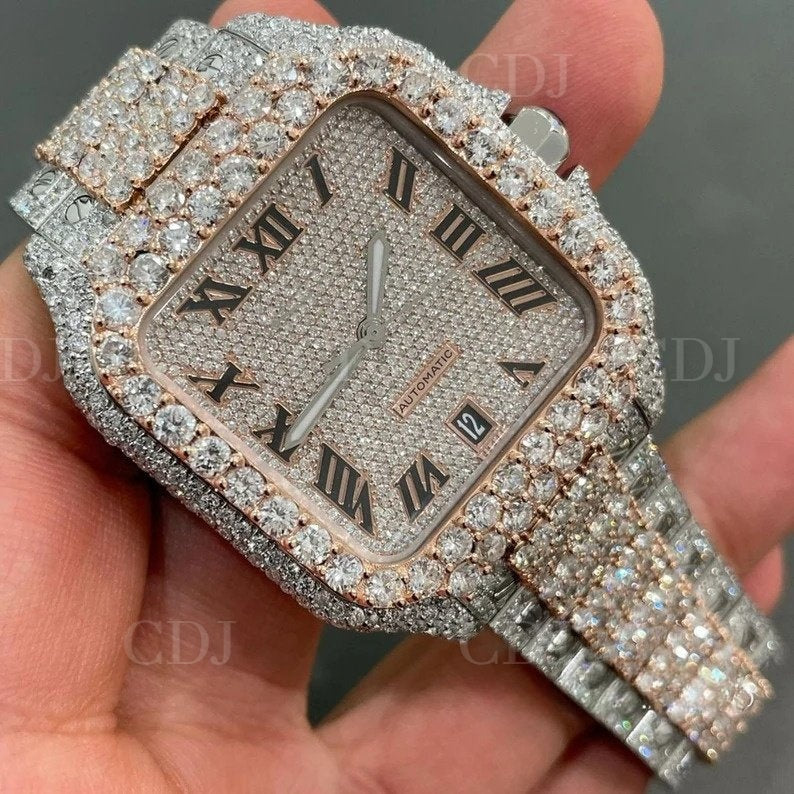 Cartier Two Tone Rose Gold Iced Out Automatic Watch Roman Dial Hip Hop Luxury Watch  customdiamjewel   