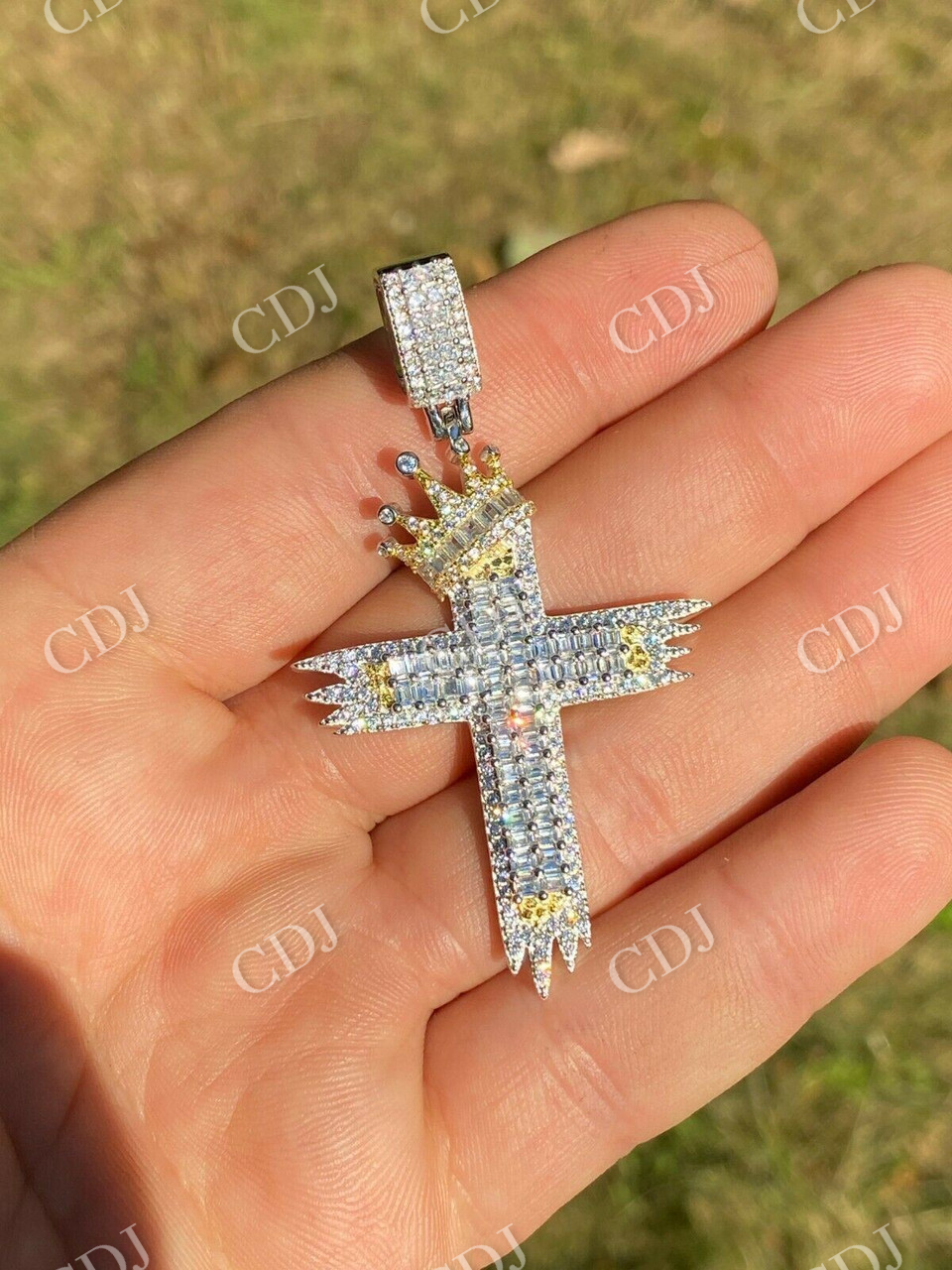 Men’s Cross W. Crown Baguette Diamond Pendant  customdiamjewel   