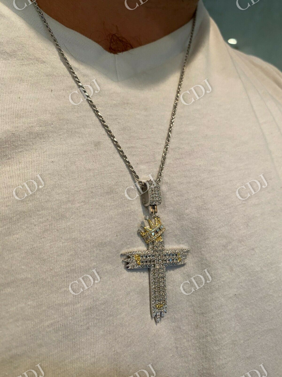 Men’s Cross W. Crown Baguette Diamond Pendant  customdiamjewel   