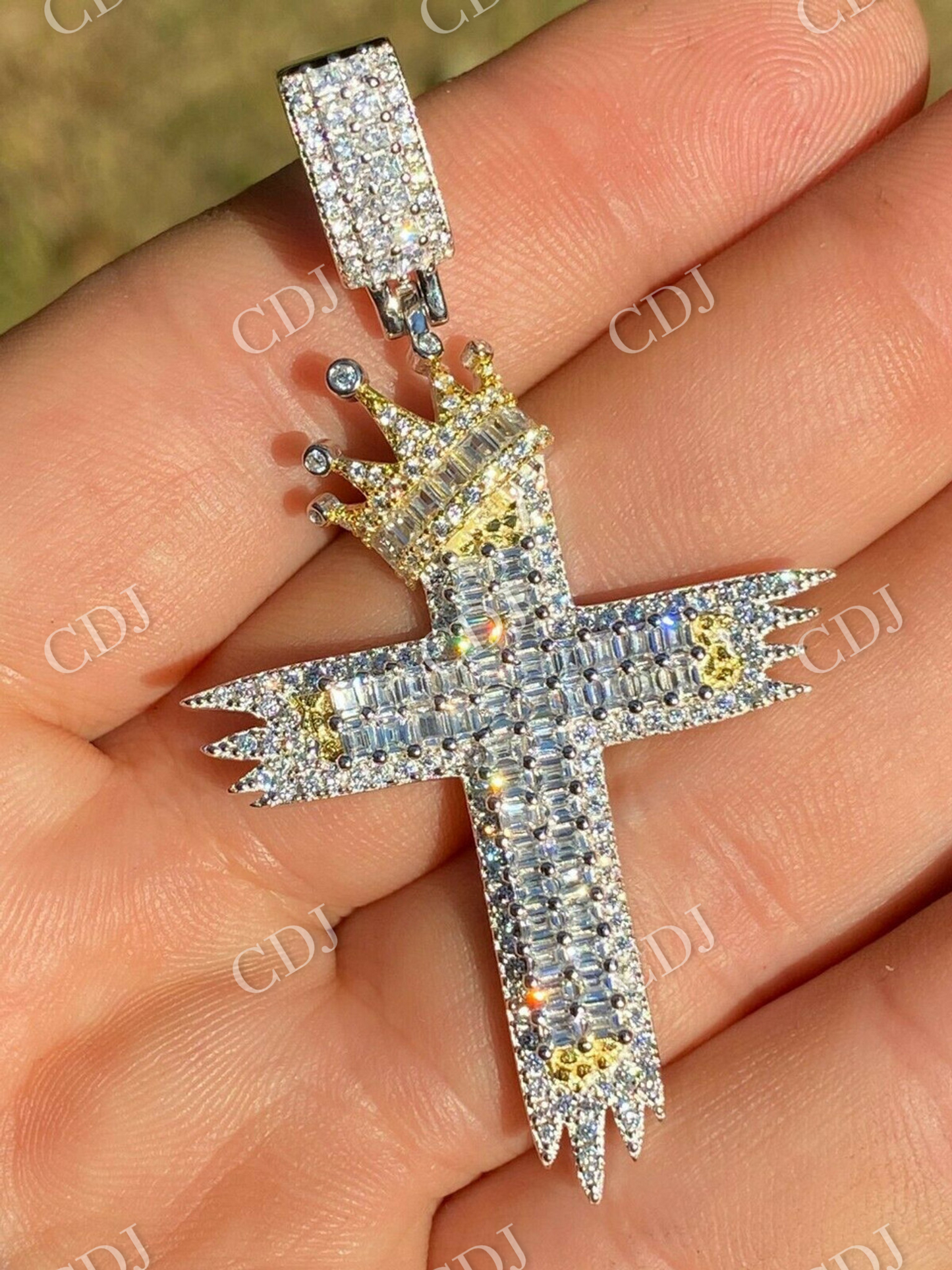 Men’s Cross W. Crown Baguette Diamond Pendant  customdiamjewel   