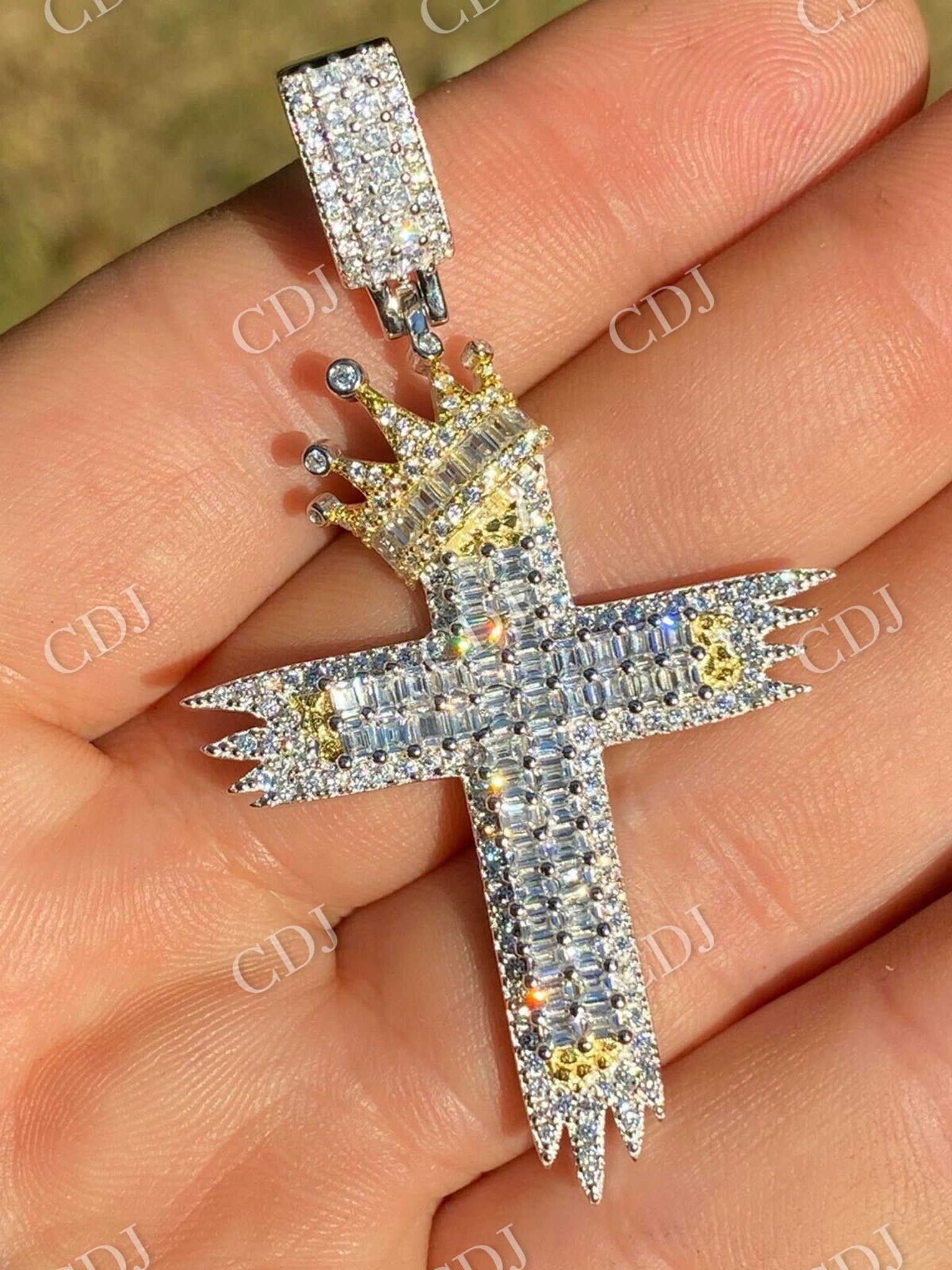 Men’s Cross W. Crown Baguette Diamond Pendant  customdiamjewel   