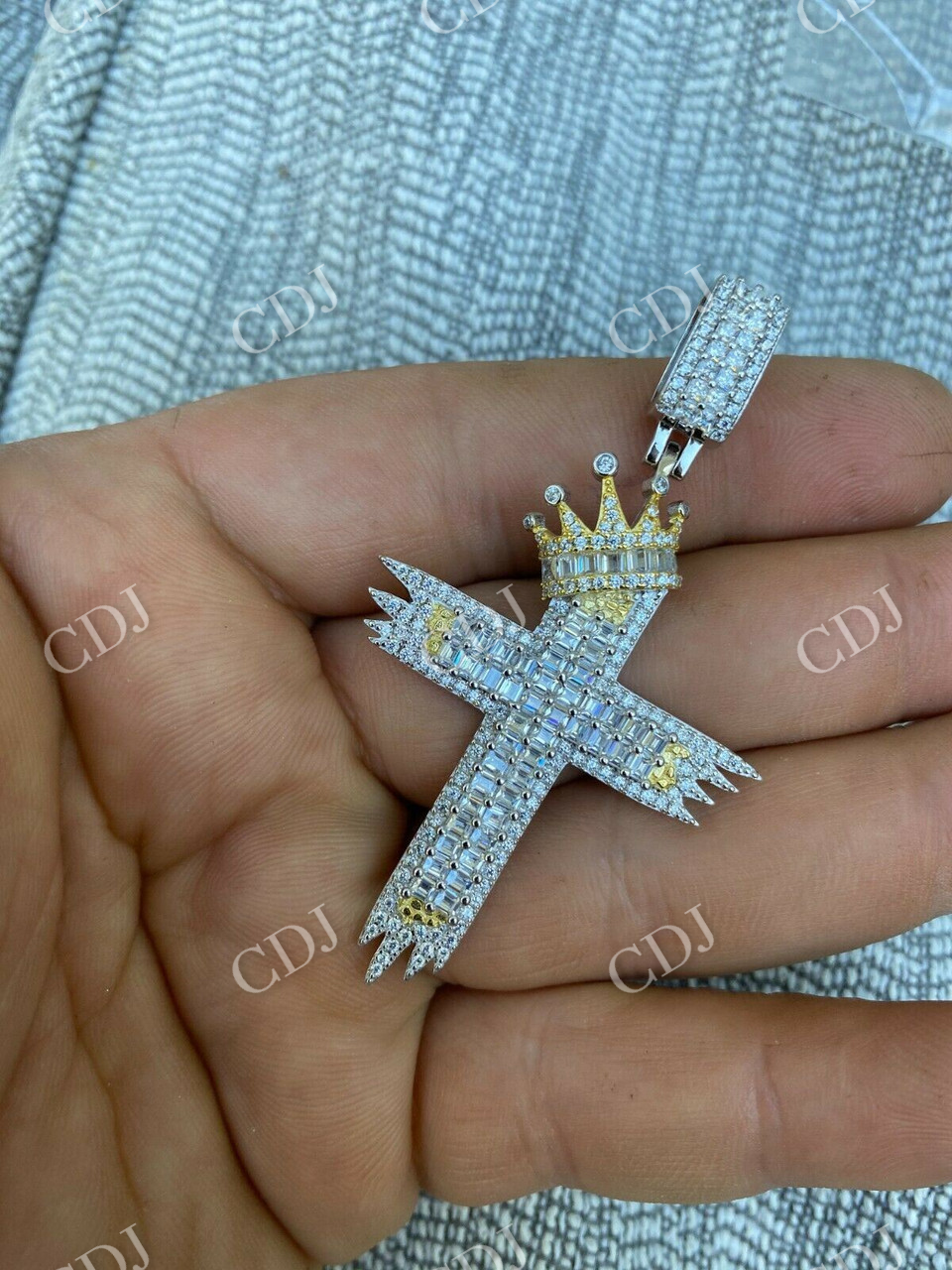 Men’s Cross W. Crown Baguette Diamond Pendant  customdiamjewel   