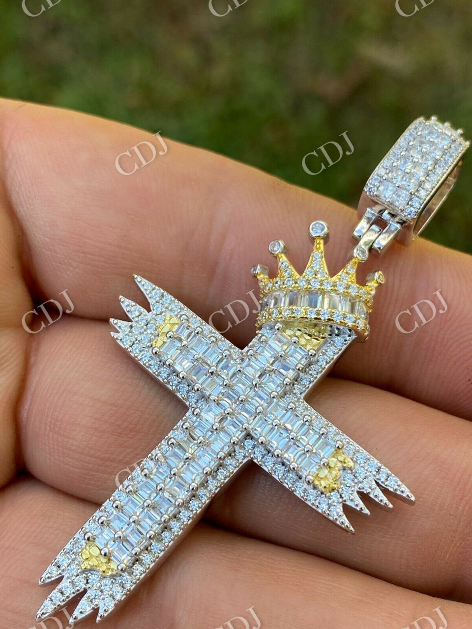 Men’s Cross W. Crown Baguette Diamond Pendant  customdiamjewel   