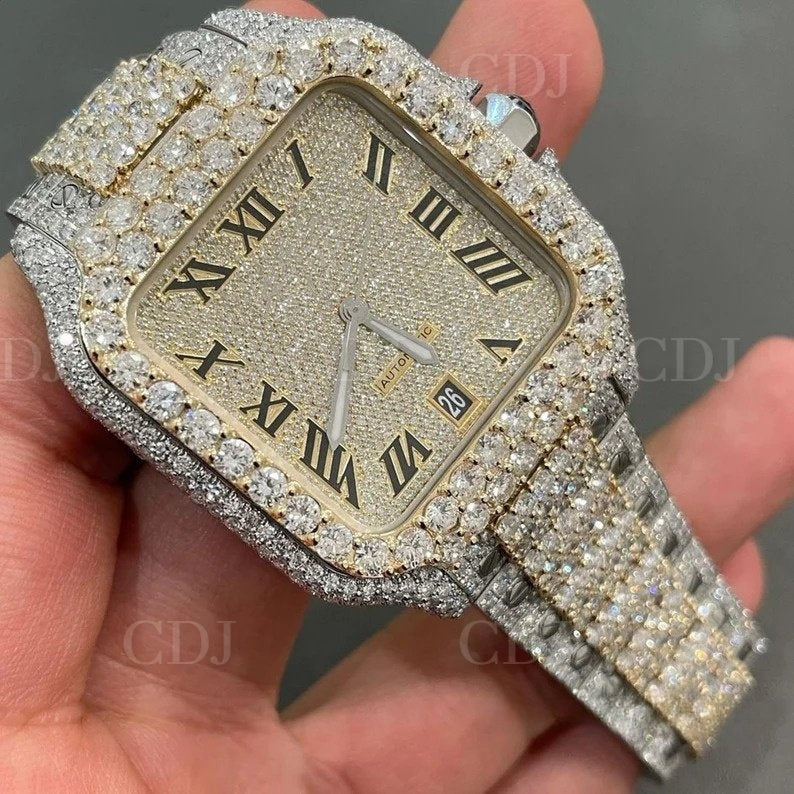 Men's Luxury Gold Plated Hip Hop Square Iced Out Cartier Wrist Watch (24 To 26 CTW)  customdiamjewel   