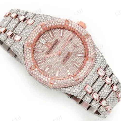 AP Real Diamond Two Tone Gold Plated Wrist Watch For Women And Men Round Dial Iced Out Watch  customdiamjewel   