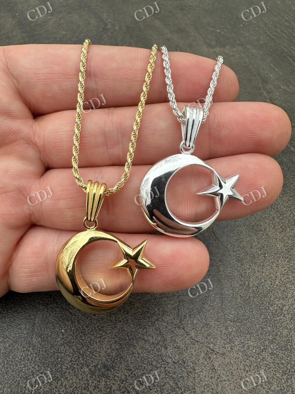 14k Gold Crescent Moon & Star Islam Pendant  customdiamjewel   