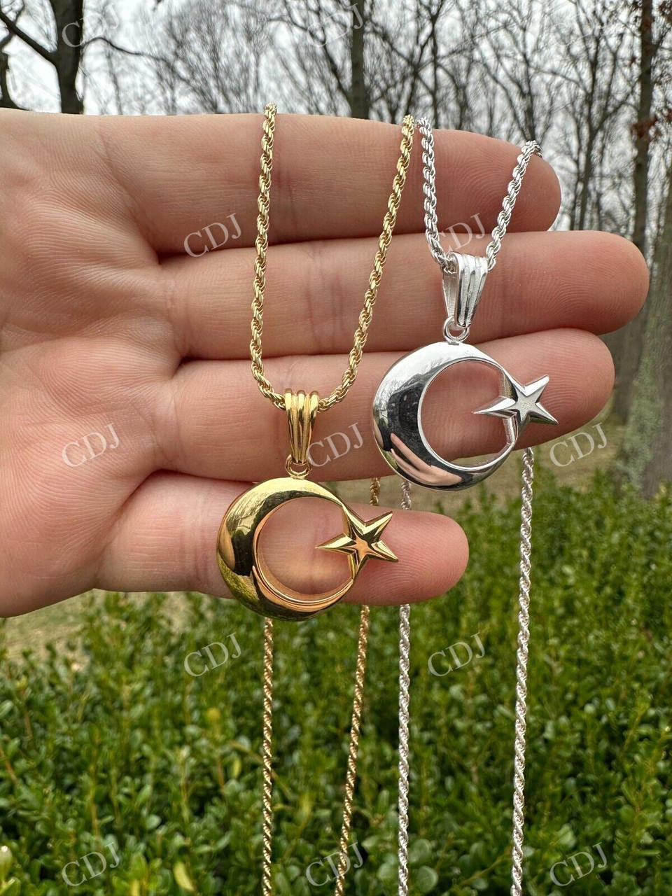 14k Gold Crescent Moon & Star Islam Pendant  customdiamjewel   