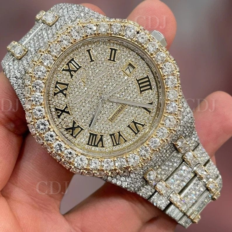 25 To 29Carat Moissanite Wrist Watch Men Factory Iced Out Date Hip hop Mechanical Certified Studded VVS Moissanite Jewelry Watch  customdiamjewel   