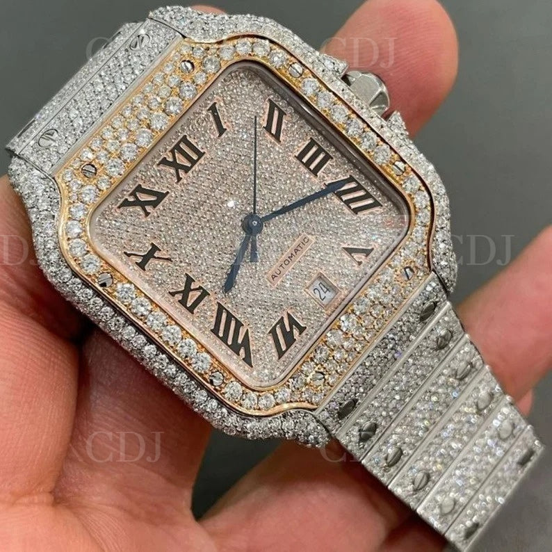 Fully Iced Out Hip Hop Diamond Square Dial Timekeeping Accuracy Watch For Men With Stainless Steel Band 23 To 27 Carat (Approx.)  customdiamjewel   