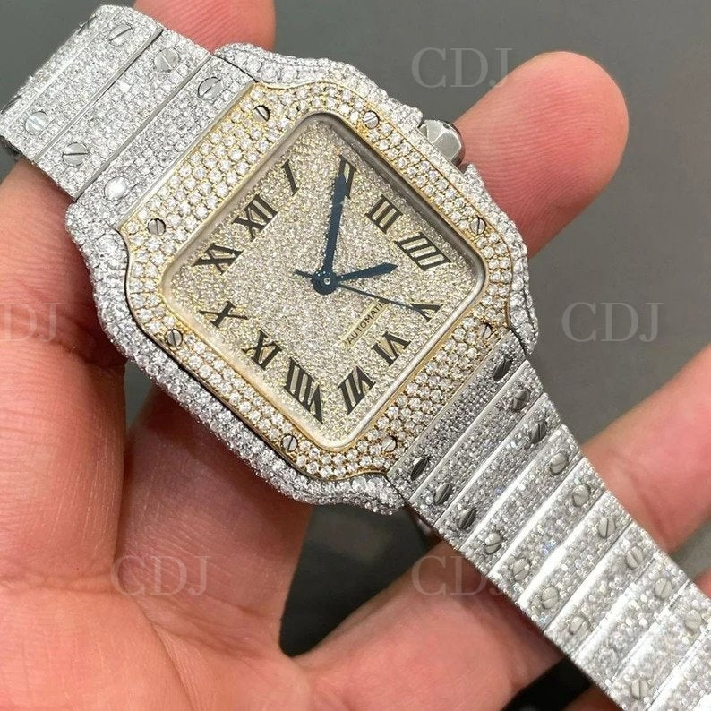 Signature Collections Iced Out Cartier Diamond Swiss-Made Watch Certificated VVS Diamond Men's Watch 23 To 27 Carat (Approx)  customdiamjewel   