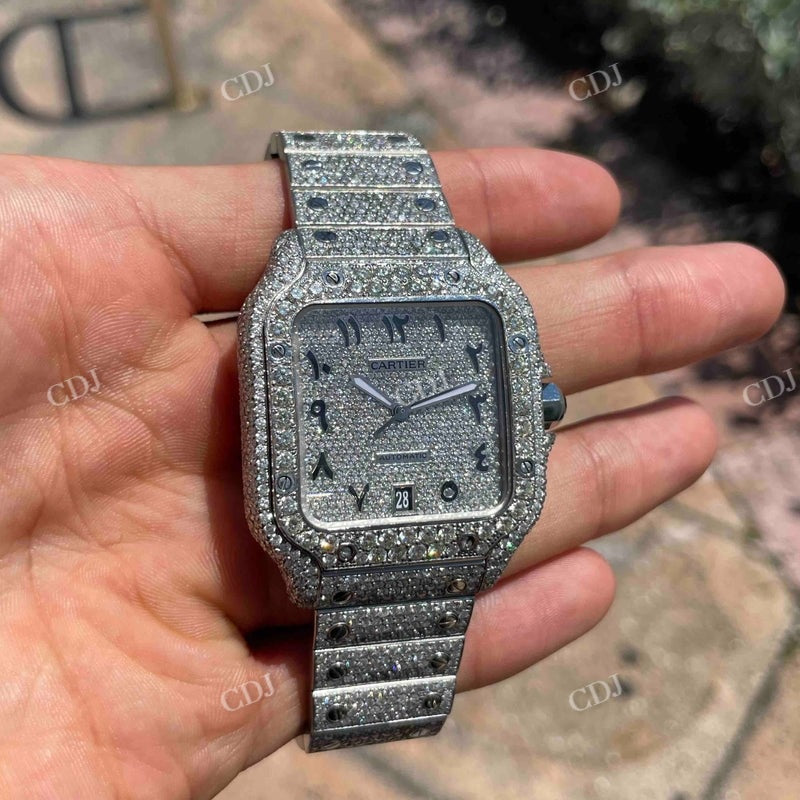 Full White Cartier Santos Arabic Dial Lab Gown Diamond Watch  customdiamjewel   