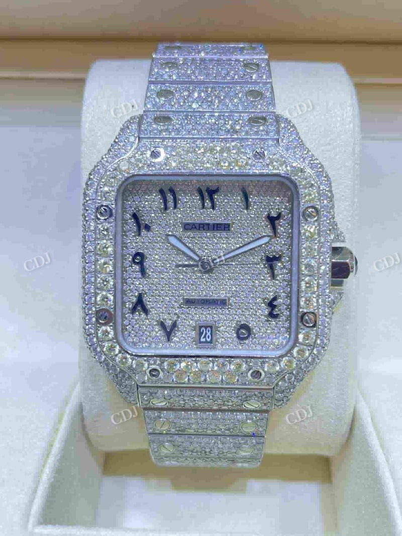 Full White Cartier Santos Arabic Dial Lab Gown Diamond Watch  customdiamjewel   