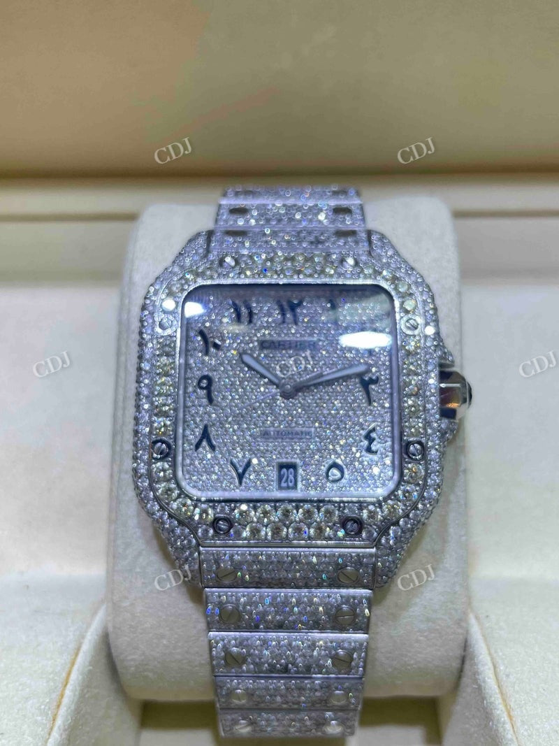 Full White Cartier Santos Arabic Dial Lab Gown Diamond Watch  customdiamjewel   