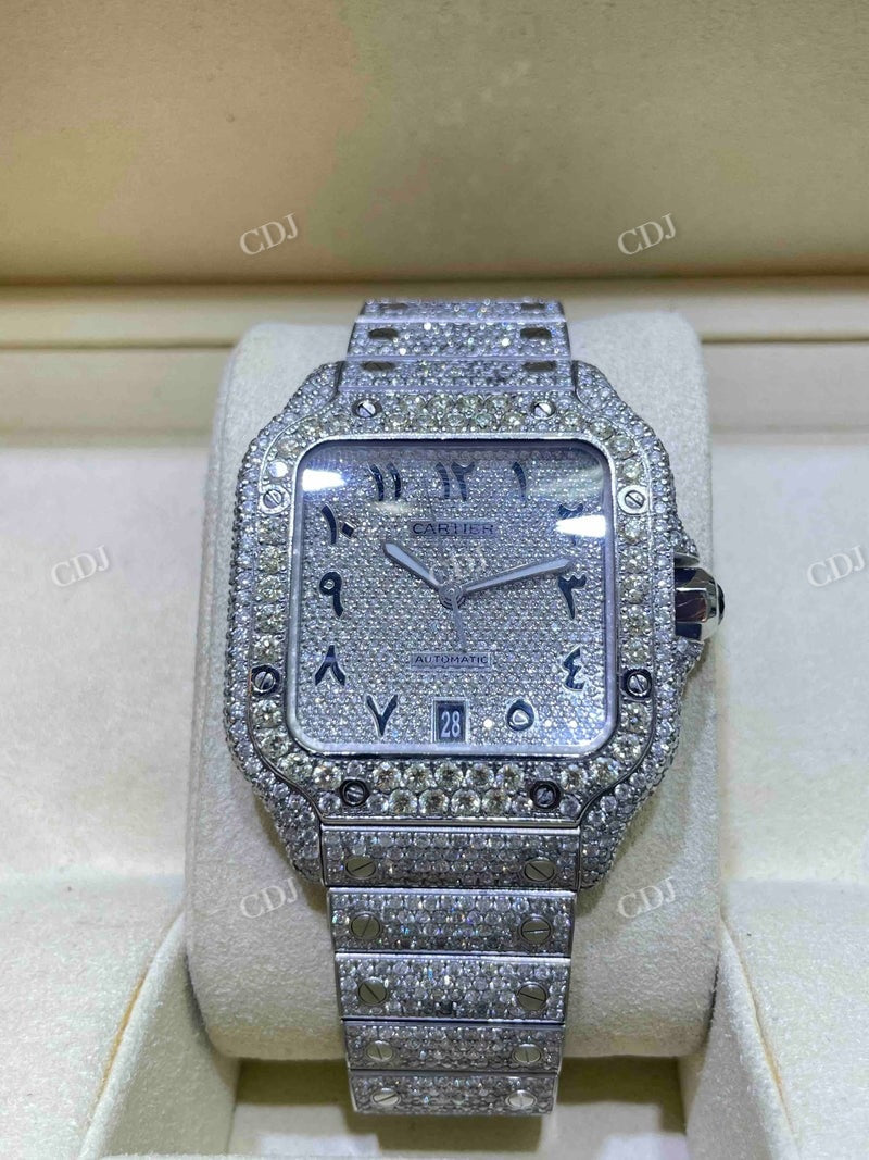 Full White Cartier Santos Arabic Dial Lab Gown Diamond Watch  customdiamjewel   