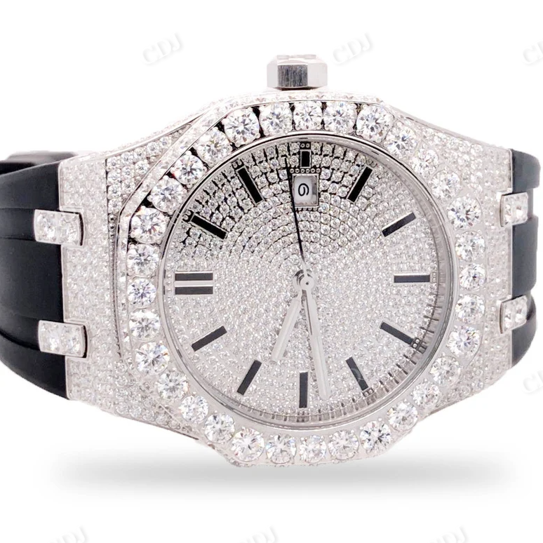 Classic Iced Out Moissanite Watch Royal Black Silicon Band men's Wrist Watch Handmade Diamond Hip Hop Watch  customdiamjewel   