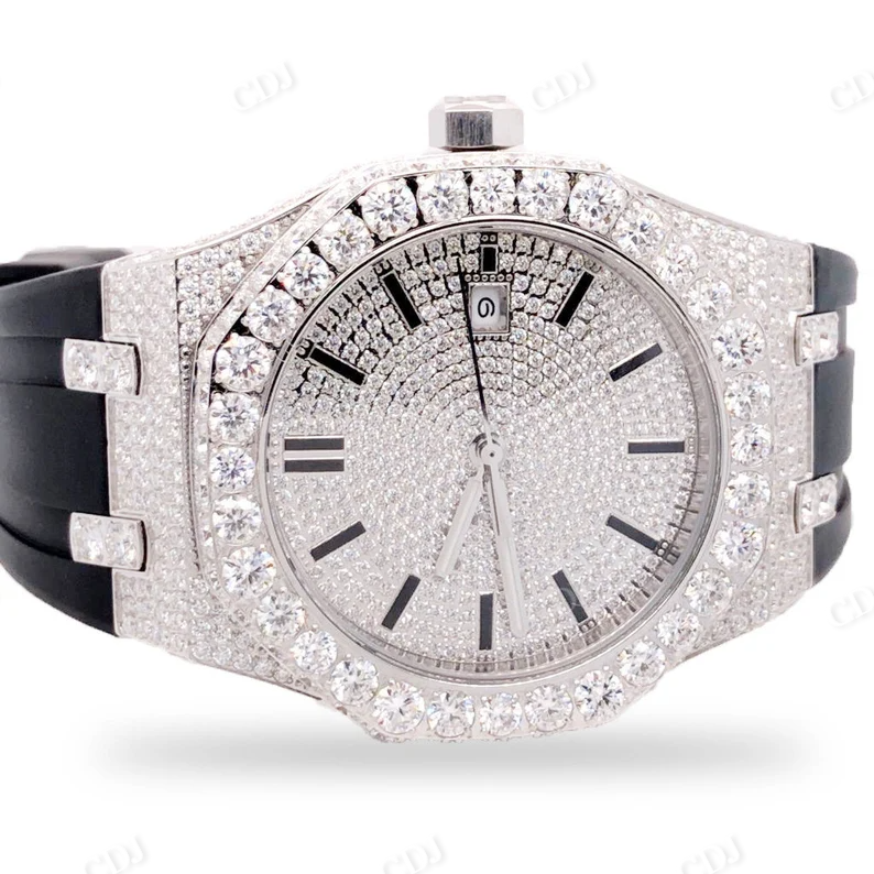 Royal 9.50CTW Moissanite Half Iced Out Black Silicon Band AP Men's Wrist Watch  customdiamjewel   