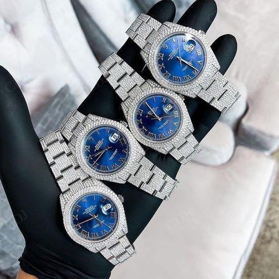 Hip Hop Stainless Steel Blue Dial Rolex Watch  customdiamjewel   