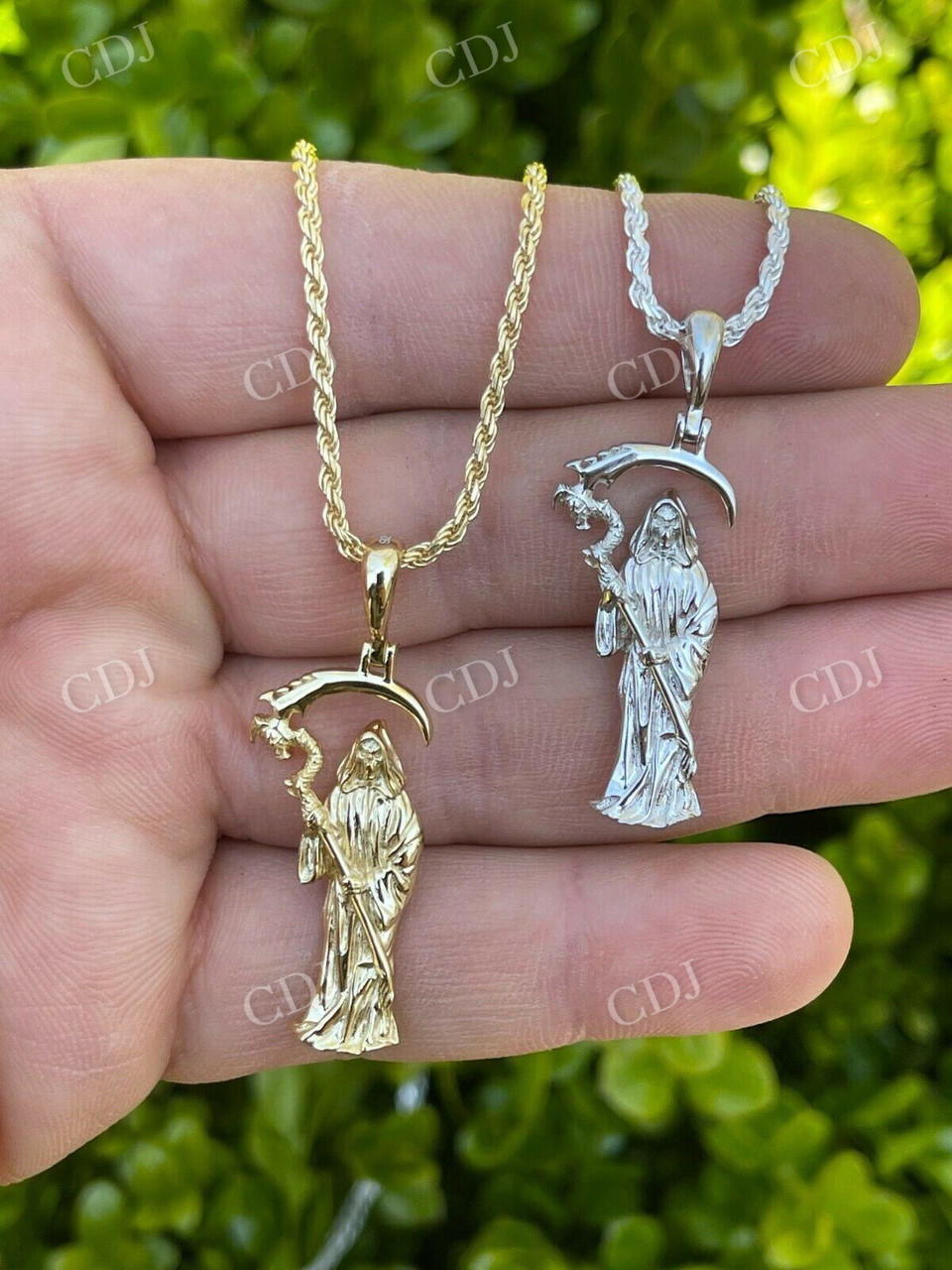 14K Gold Santa Muerte Grim Reaper Death Pendant  customdiamjewel   