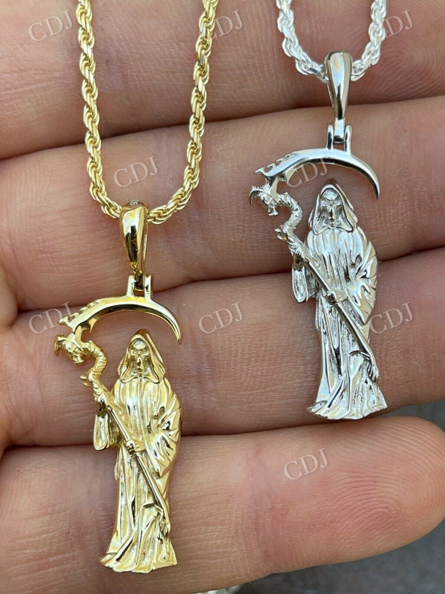 14K Gold Santa Muerte Grim Reaper Death Pendant  customdiamjewel   