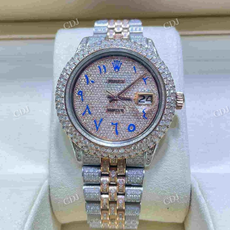 Rolex Jubilee Rose White Blue Arabic Dial Moissanite Watch  customdiamjewel   