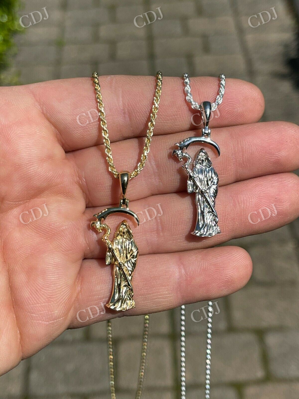 14K Gold Santa Muerte Grim Reaper Death Pendant  customdiamjewel   