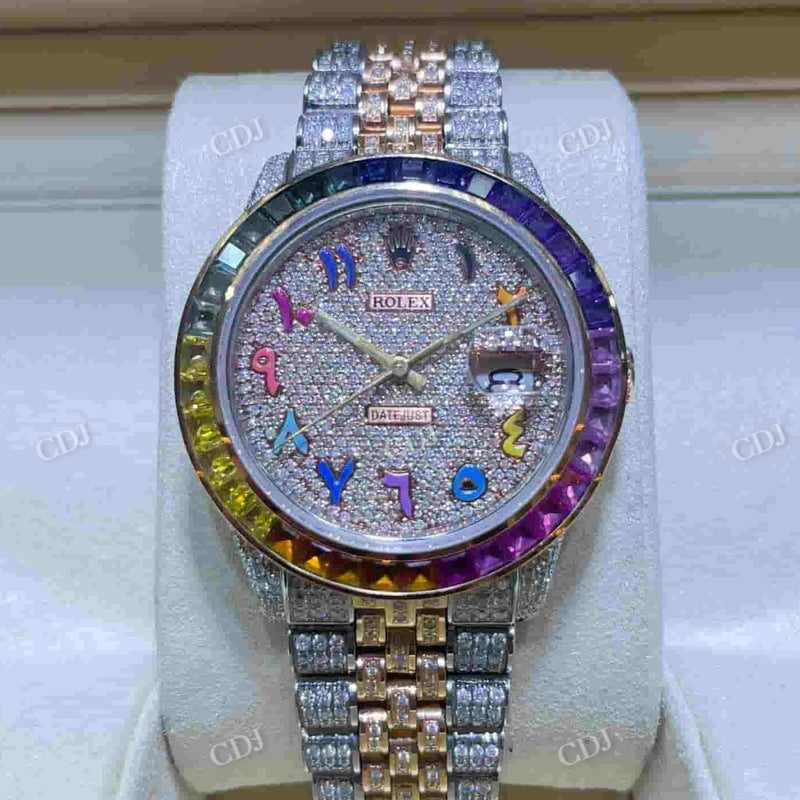 Bust Down Rolex Rainbow Digit Moissanite Watch  customdiamjewel   