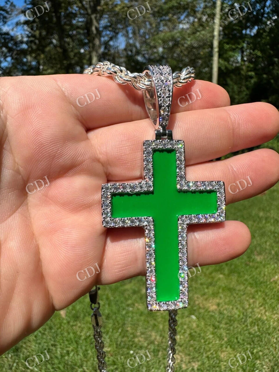 Moissanite Cross Green Enamel Pendant  customdiamjewel   