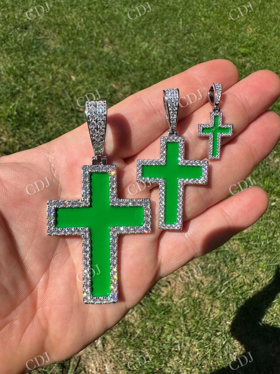 Moissanite Cross Green Enamel Pendant  customdiamjewel   