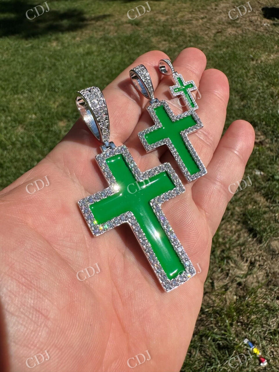 Moissanite Cross Green Enamel Pendant  customdiamjewel   