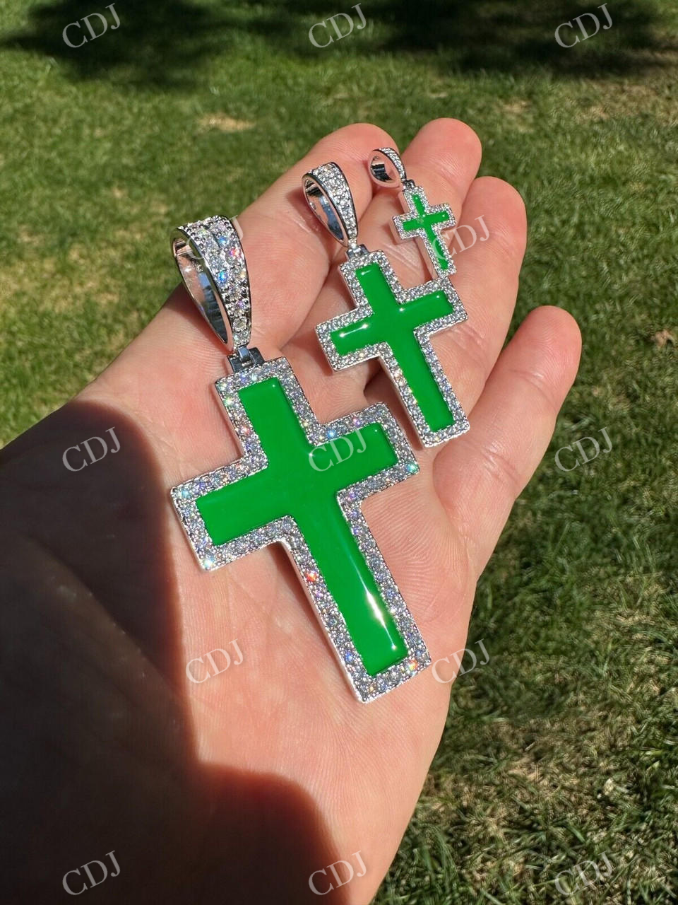 Moissanite Cross Green Enamel Pendant  customdiamjewel   