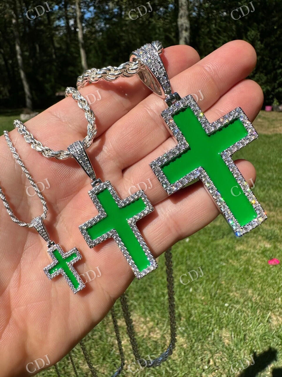 Moissanite Cross Green Enamel Pendant  customdiamjewel   