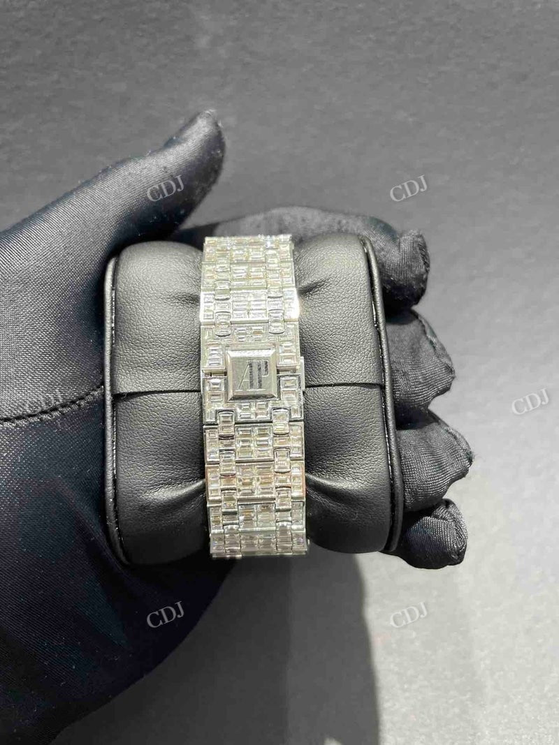 White AP Baguette Fully Iced Out Moissanite Watch  customdiamjewel   