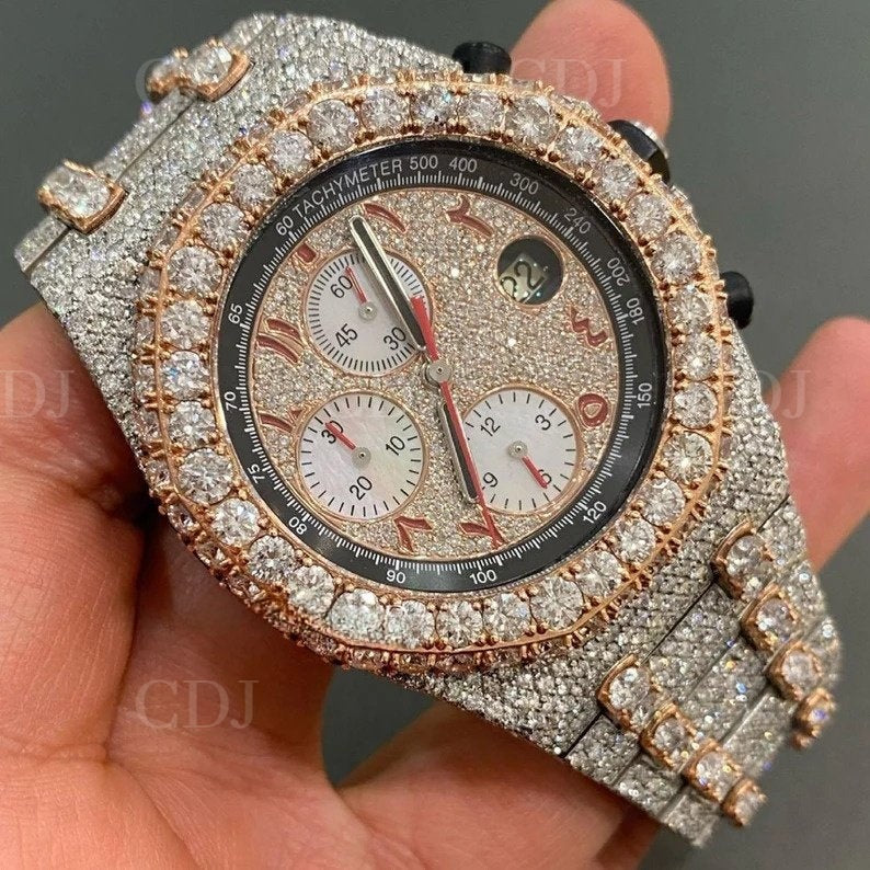 At Wholesaler Price Moissanite Diamond Iced Out Wrist Watch Him Luxury Bust Down Jewelry Fully Iced Out Yellow Gold Plated Watch  customdiamjewel   