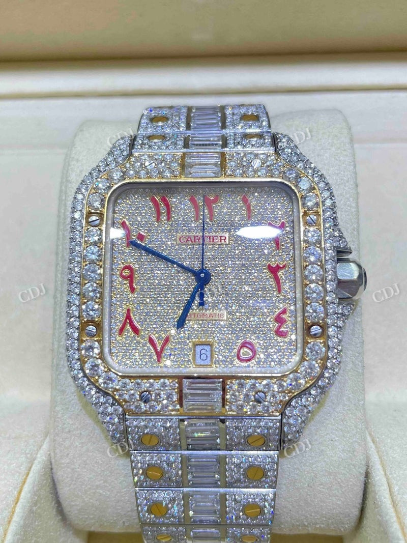 Cartier Santos Baguette On Belt Red Arabic Digit Moissanite Watch  customdiamjewel   