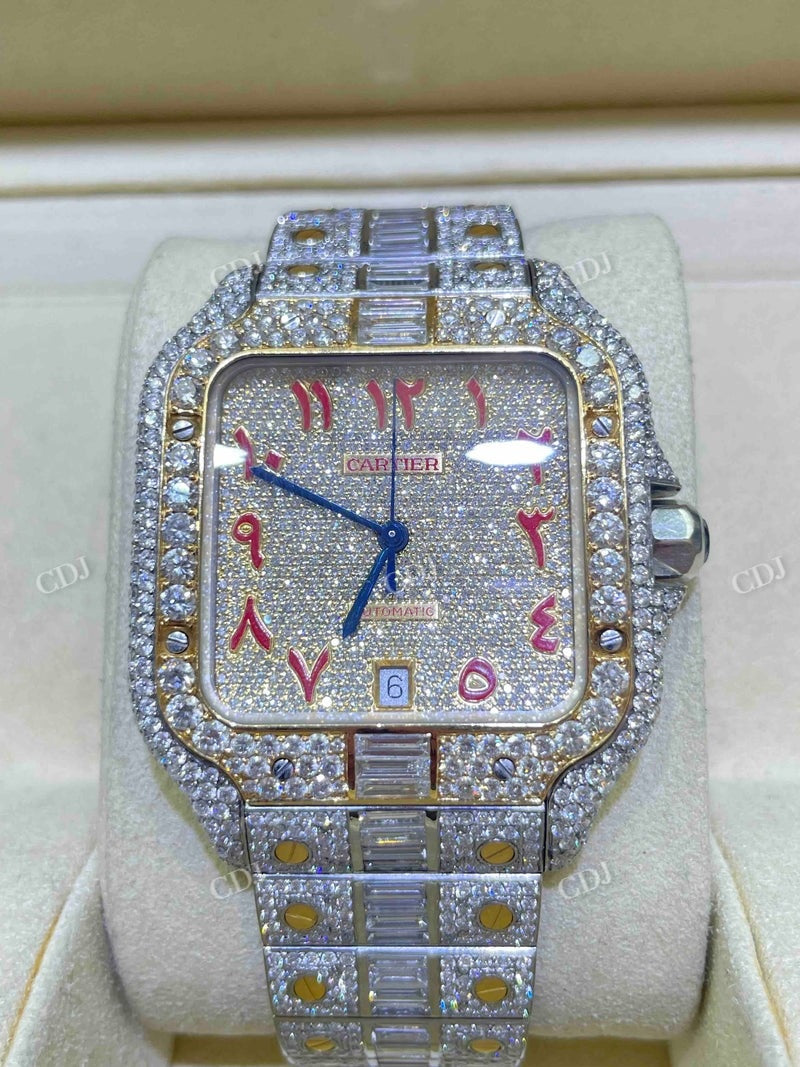 Cartier Santos Baguette On Belt Red Arabic Digit Moissanite Watch  customdiamjewel   