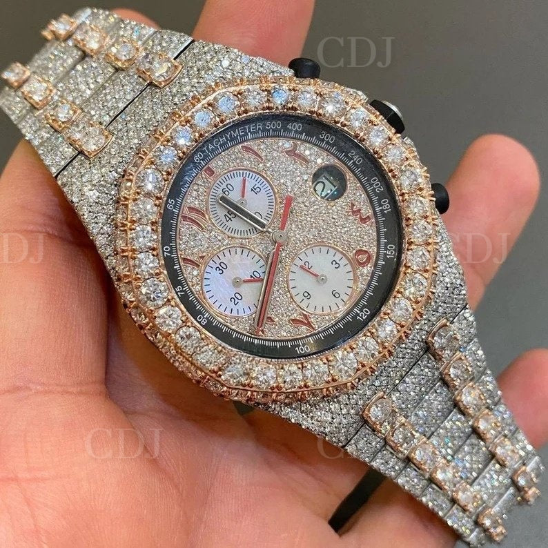 At Wholesaler Price Moissanite Diamond Iced Out Wrist Watch Him Luxury Bust Down Jewelry Fully Iced Out Yellow Gold Plated Watch  customdiamjewel   