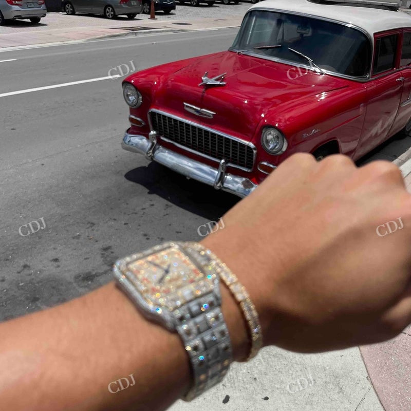 Cartier Santos Baguette On Belt Red Arabic Digit Moissanite Watch  customdiamjewel   