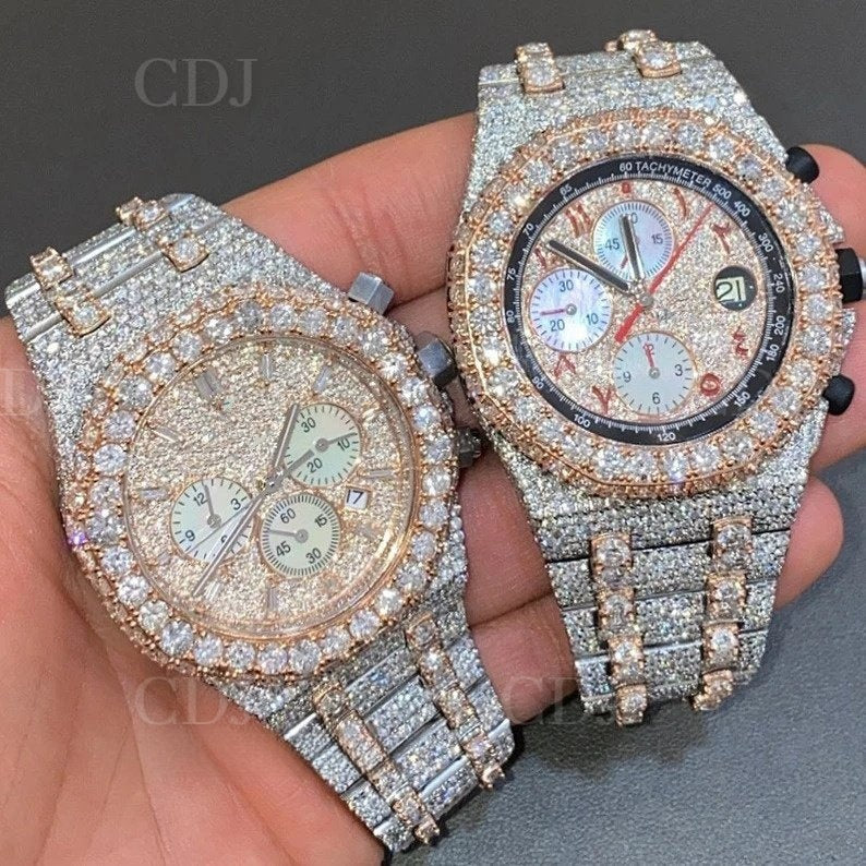 At Wholesaler Price Moissanite Diamond Iced Out Wrist Watch Him Luxury Bust Down Jewelry Fully Iced Out Yellow Gold Plated Watch  customdiamjewel   