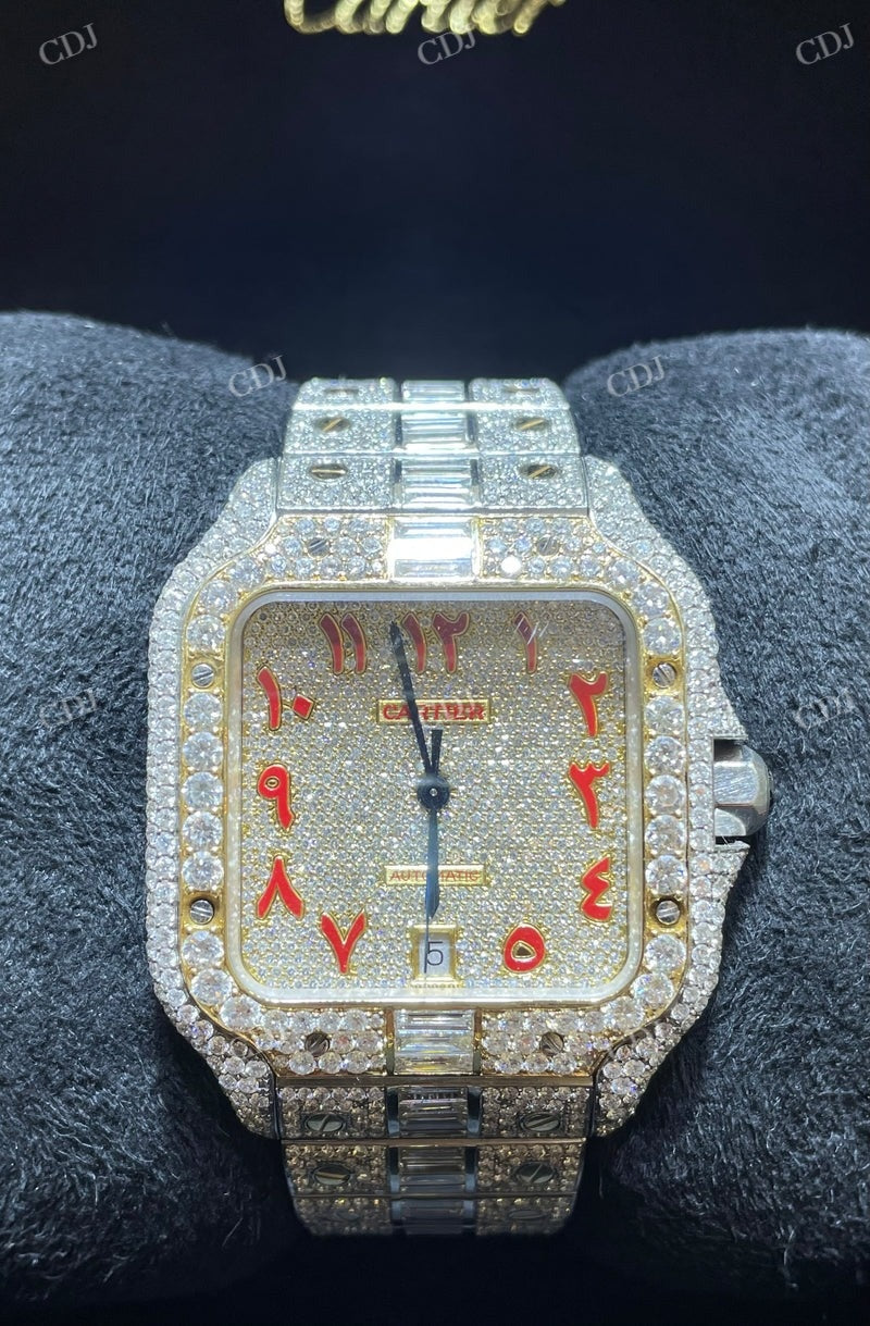 Cartier Santos Baguette On Belt Red Arabic Digit Moissanite Watch  customdiamjewel   