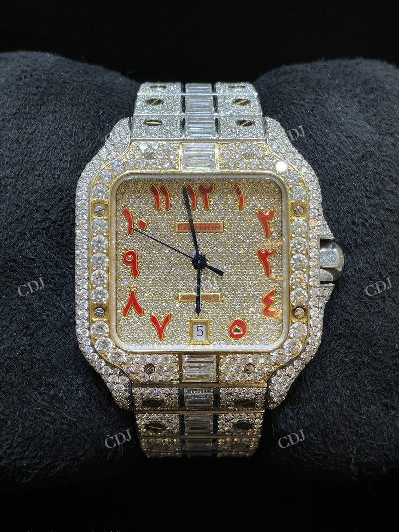 Cartier Santos Baguette On Belt Red Arabic Digit Moissanite Watch  customdiamjewel   