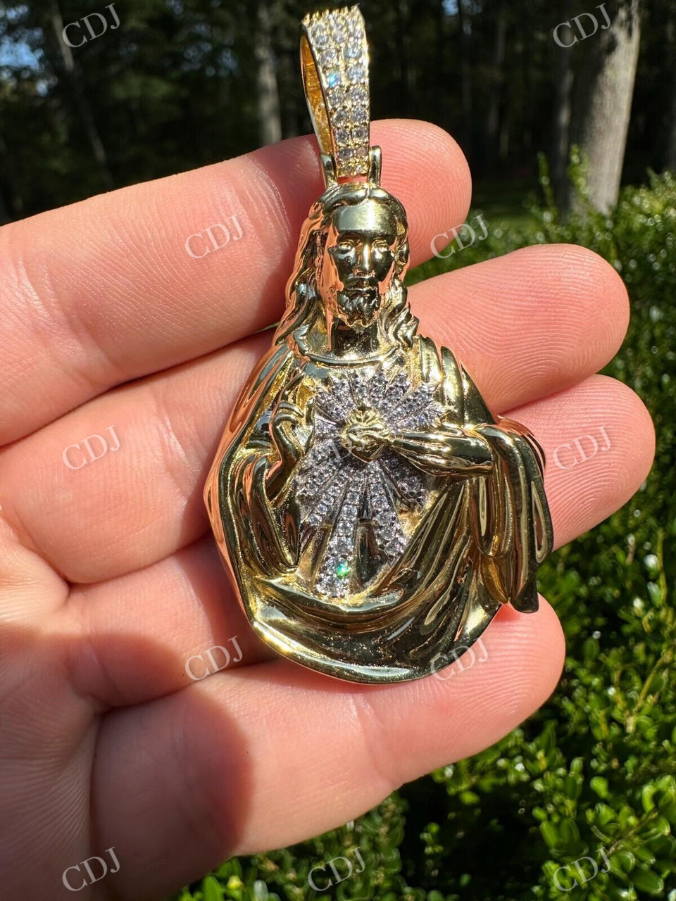 14k Gold Big Jesus Piece Iced Pendant  customdiamjewel   