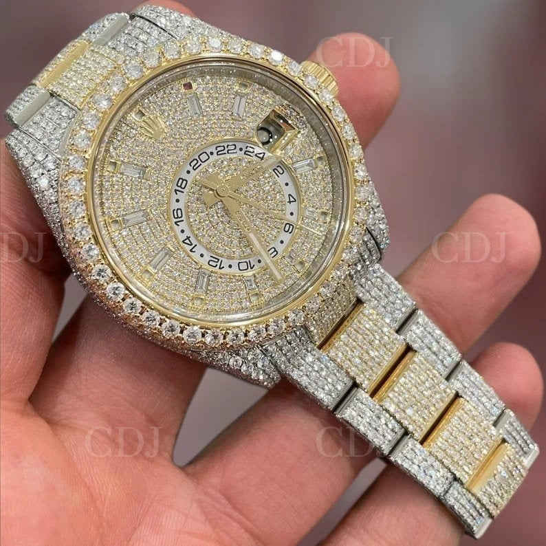 Casual Iced Out Moissanite Studded Diamond Automatic Watch Two Tone Yellow White Gold Plated Bust Down Hip Hop Watch For Rappers  customdiamjewel   