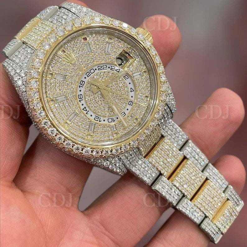 Casual Iced Out Moissanite Studded Diamond Automatic Watch Two Tone Yellow White Gold Plated Bust Down Hip Hop Watch For Rappers  customdiamjewel   